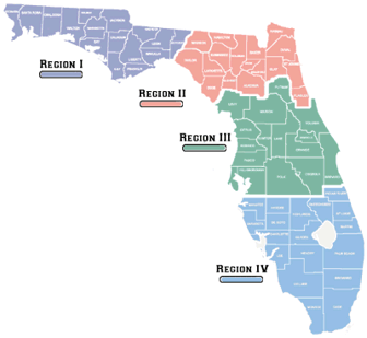 Map of Florida divided into four regions